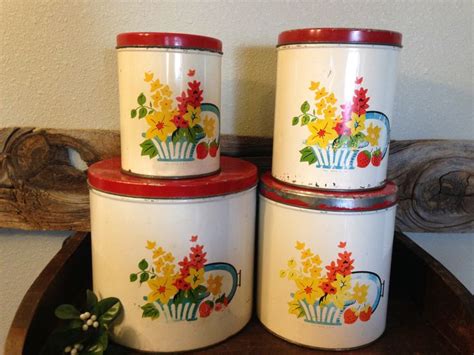 Kitschy Vintage 1949 4 Can Round Tin Metal Canister Set Etsy Red