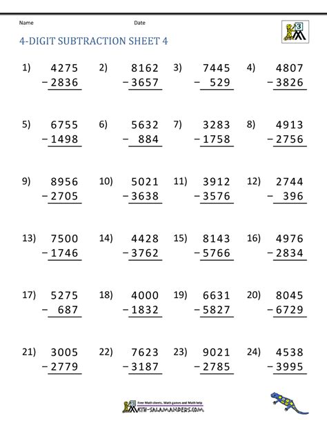Subtraction 4 Digit Numbers Worksheets