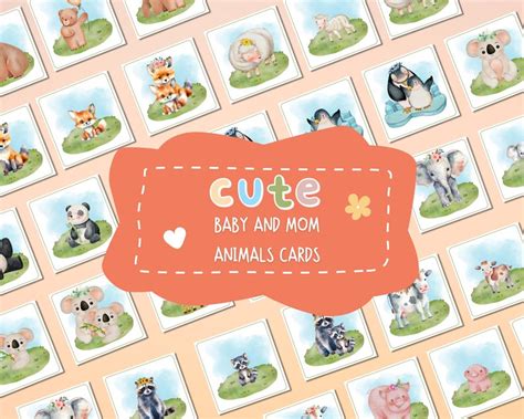 Adorable Baby And Mom Animals Matching Cards Educational Etsy