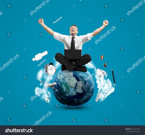 Happiness Man Sitting On Earth With Laptop Stock Photo 143214355