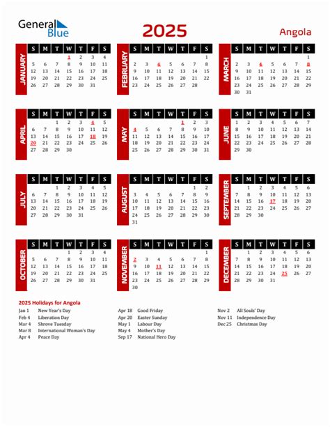 2025 Angola Calendar With Holidays