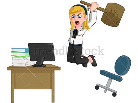 Furious Businesswoman Smashing Computer Cartoon Vector Clipart