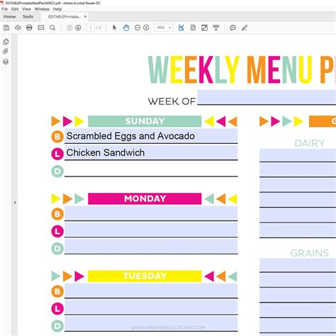 Editable Meal Plan Printable Weekly Meal Planner Template Meal