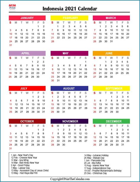 Indonesia Calendar 2021 With Indonesia Public Holidays