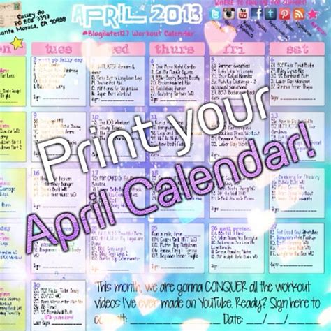 Blogilates April Calendar Calendar Template 2021