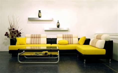 Yellow And Black Living Room Sofa Set With Floating Shelves Hd