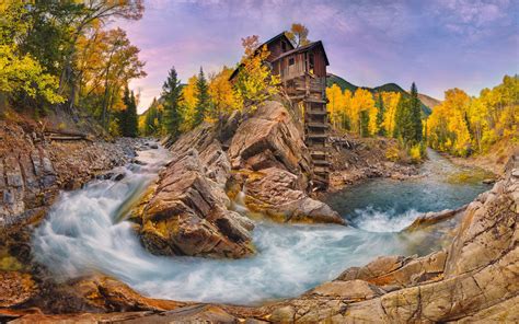 Crystal Mill And River Colorado Usa Autumn Landscape Hd