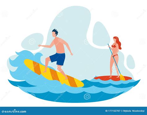 Ilustración Vectorial Plana De Surf De Mujer Y Hombre Ilustración del Vector Ilustración de