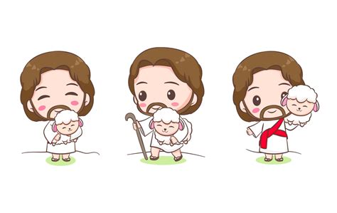 Set Collection Cute Jesus And The Sheep Chibi Cartoon Character