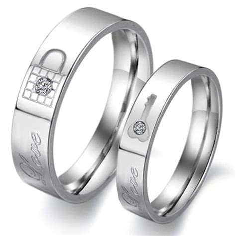 1 Piece Fashion Rhinestone Love Lock Ring Titanium Steel Couple Wedding Ring Set His And Hers