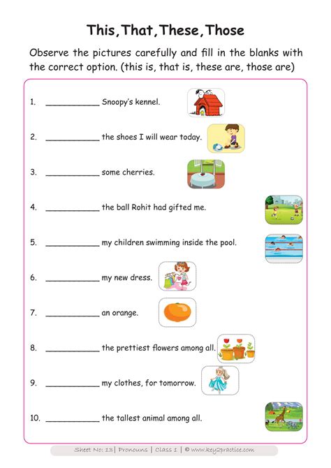 English Worksheets Grade 1 Chapter Pronouns Key2practice