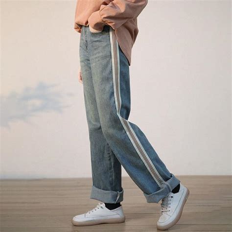 Vertical Striped Retro Jeans Cuffed 90s Floor Length Jeans In Denim