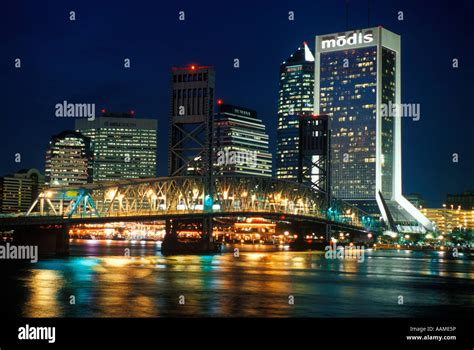 Jacksonville Florida Downtown Skyline At Night Stock Photo Alamy