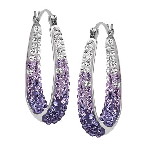 Oval Hoop Earrings W Purple Swarovski Crystals In Sterling Silver W