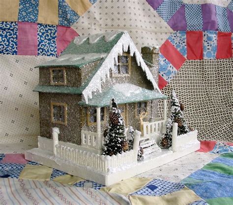 Primitive Putz Christmas Log Cabin Cottage Paper Mache Lights Up