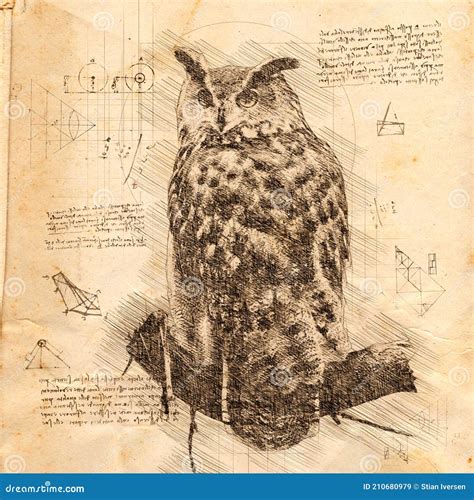 Owl In Vintage Steampunk Da Vinci Drawing Style Stock Image