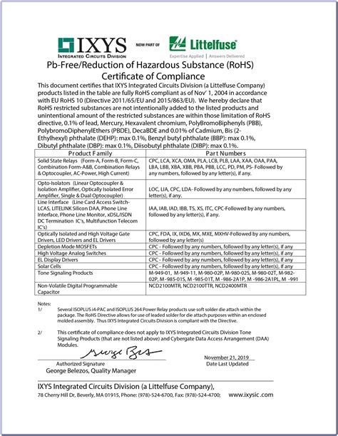 Rohs Certificate Of Compliance Sample
