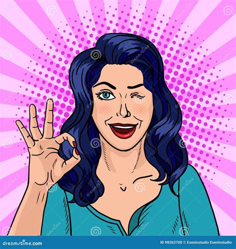 Winking Brunette Pop Art The Black Haired Beauty Shows With Fingers