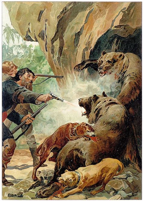 Men Hunters Shooting At Bears With Dogs Attacking Them Free Vintage