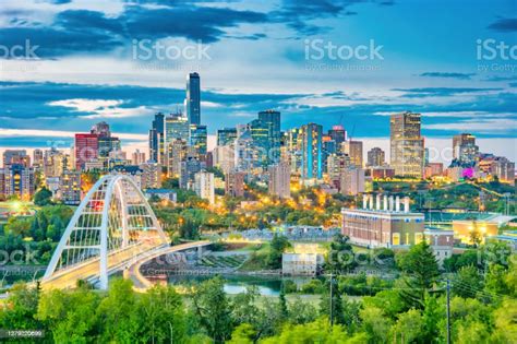 Skyline Of Downtown Edmonton Alberta Canada At Twilight Stock Photo