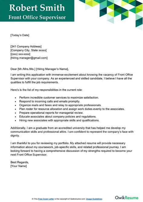 Front Office Supervisor Cover Letter Examples Qwikresume