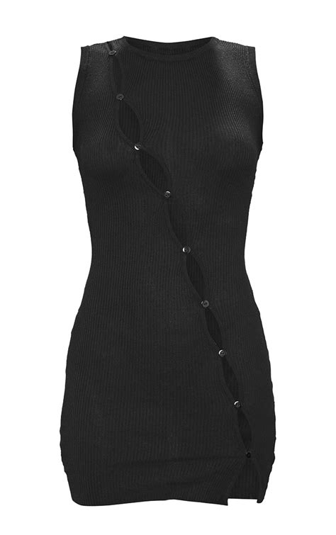 Black Sheer Knit Asymmetric Button Dress Prettylittlething Usa
