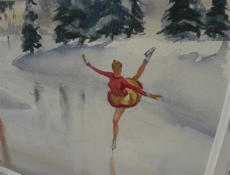 Delicate Watercolor Painting Of Elegant Female Ice Skater On A Pond By