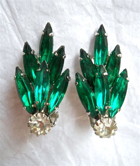 Emerald Green Rhinestone Earrings Navettes Clear