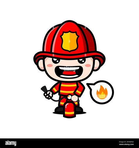 Cute Firefighter Cartoon Character With Fire Extingusher Stock Vector