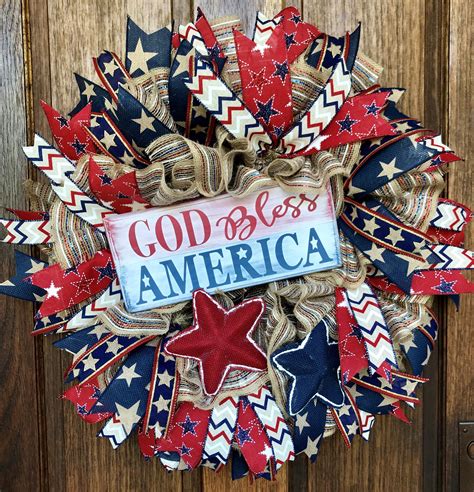 God Bless America Patriotic Burlap Mesh Wreath Beautiful Design Is