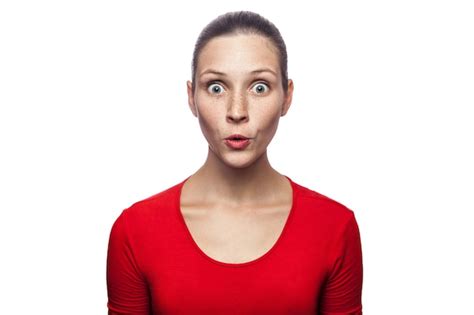Premium Photo Portrait Of Happy Surprised Woman In Red Tshirt With
