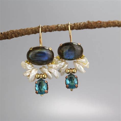 Bezel Set Labradorite Dangle Earrings With Pearls And Blue CZ Etsy