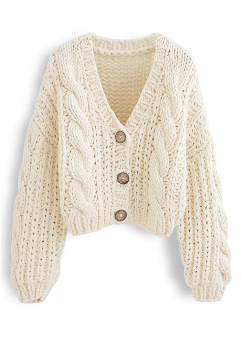Hand Knitted Braid Chunky Cable Knit V Neck Button Crop Cardigan Sweat Sunifty