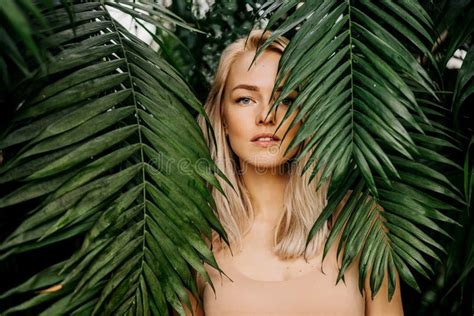 Woman In Swimsuit On Tropical Plants Background Stock Image Image Of Fresh Beach 178038507