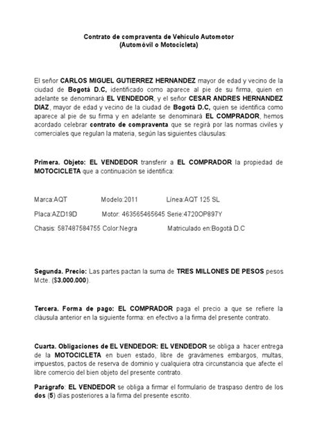 Contrato Compraventa De Carro Y Moto Pdf Gobierno Transporte