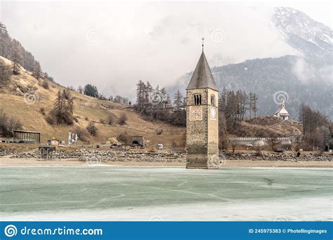 The Church Tower In The Lake Reschenresia Lake Stock Image Image Of