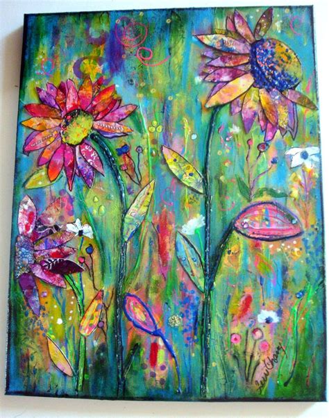 Abstract Colorful Floral Mixed Media Collage On Canvas Etsy Art
