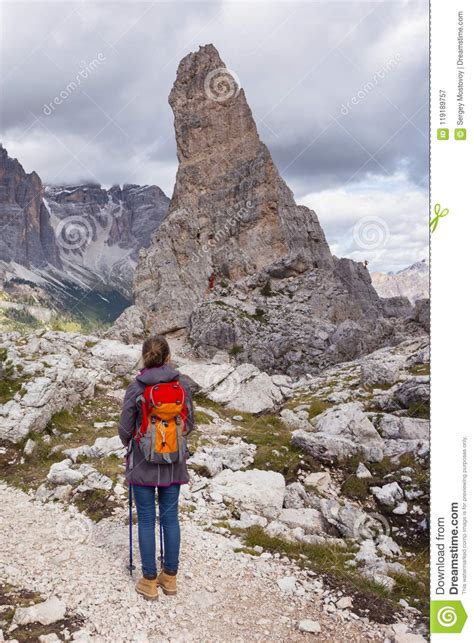 Tourist Girl At The Dolomites Stock Image Image Of Backpack Outdoor