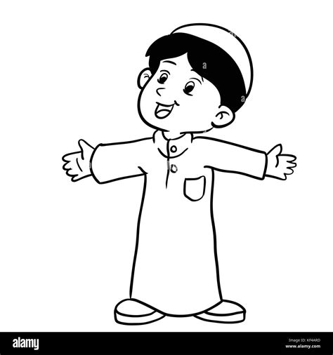 Illustration Of Happy Muslim Boy Standing Hand Drawing Style For Stock