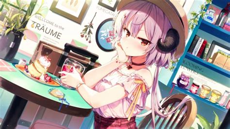 Wallpaper Anime Girl Pouty Pink Hair Horns Cute Cafe