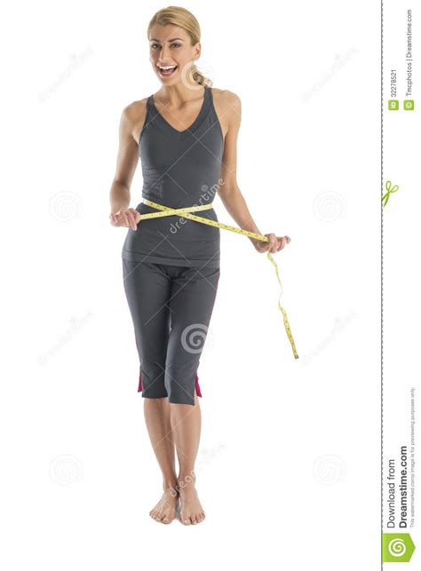 Cheerful Woman Holding Tape Measure Around Waist Stock Image Image Of
