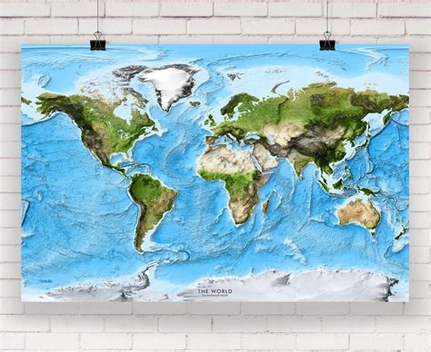 Exaggerated Relief Satellite Image World Wall Map World Etsy