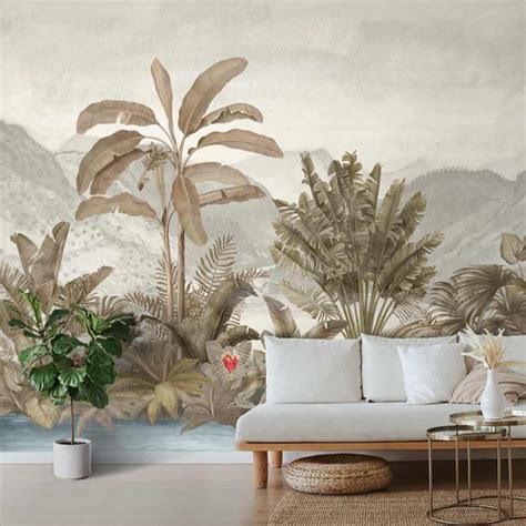 Vintage Theme Tropical Foliage Wallpaper For Rooms Customised