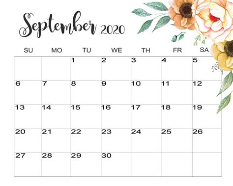 Decorative September 2020 Calendar Cute Calendar Desktop Calendar