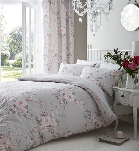 Grey Pink Rose Floral Single Cotton Blend Reversible Duvet Comforter