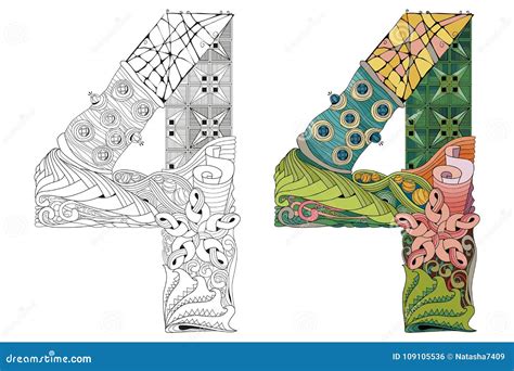 Number Four Zentangle For Coloring Vector Decorative Object Stock