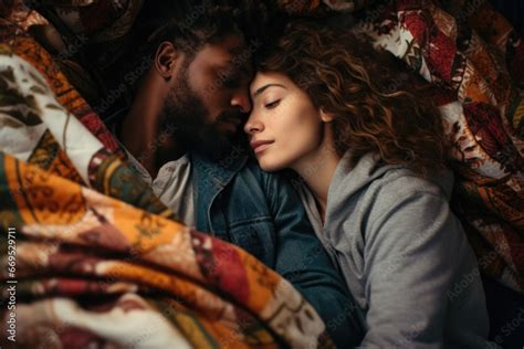 Directly Above View Of Romantic Couple Rubbing Noses While Lying On Bed At Home Stock Foto