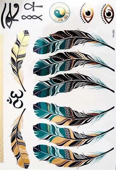 Feather Metallic Gold Silver Black Turquoise Temporary Tattoo Feather