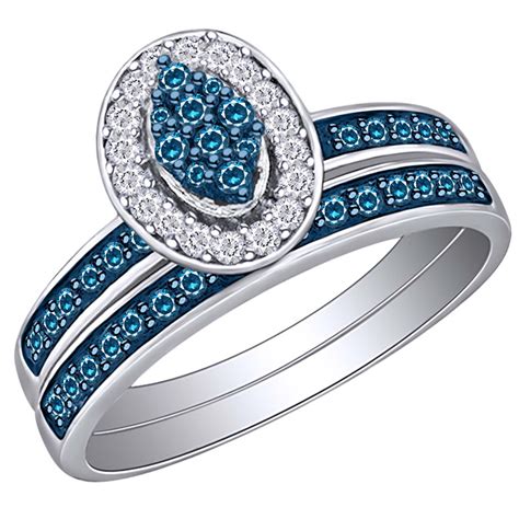 wishrocks 1 2 cttw womens round blue natural diamond enhanced cluster bridel ring band set