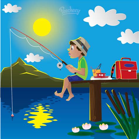 Boy Fishing On Lake Cartoon Vector Download